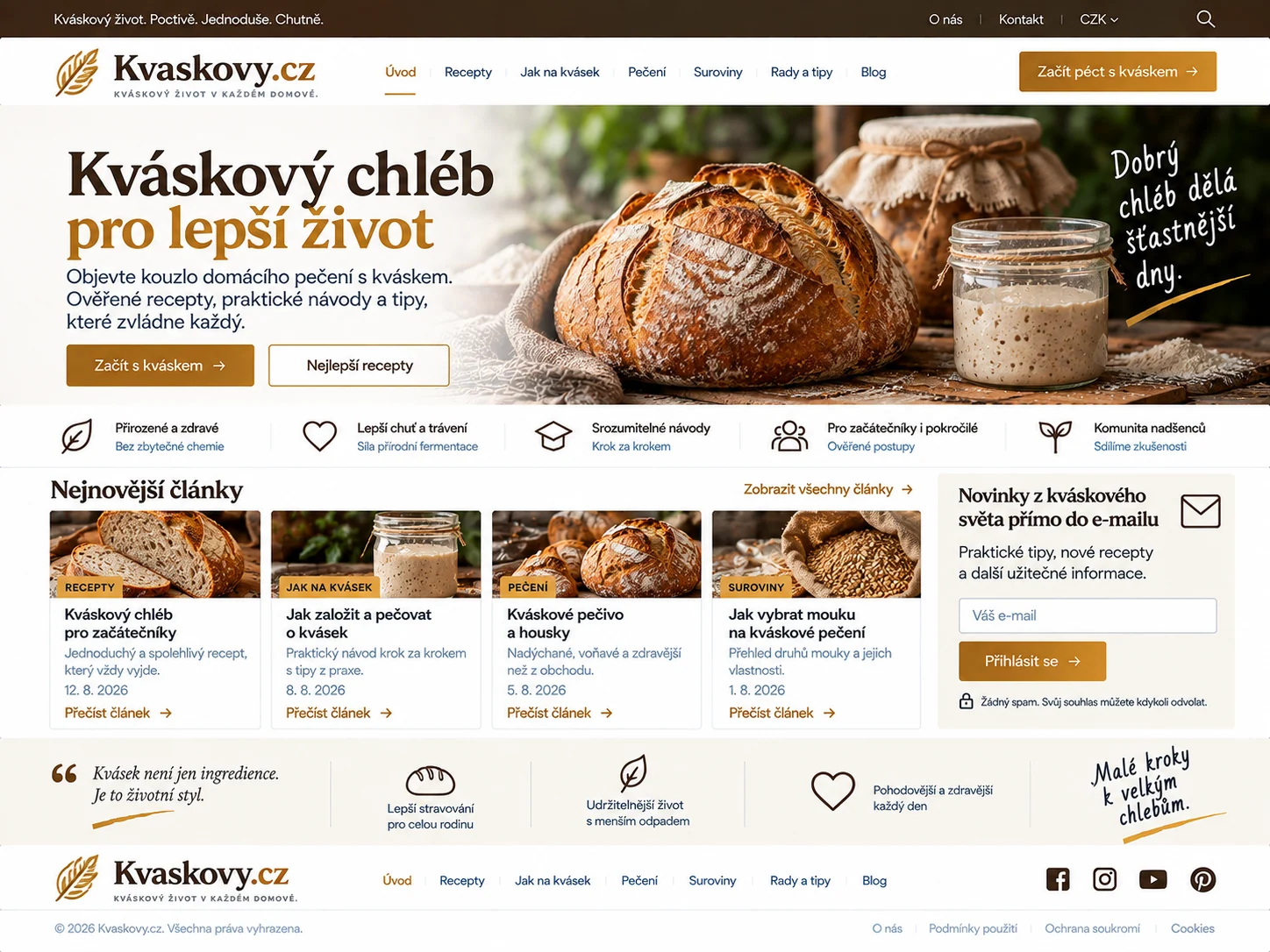 Ilustrační návrh webu Kvaskovy.cz v hnědé a zlaté s bochníkem chleba a sklenicí kvásku